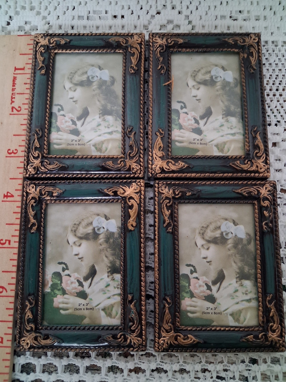 Set of 4 New Ornate Mini Picture Frames Green Gold 2x3